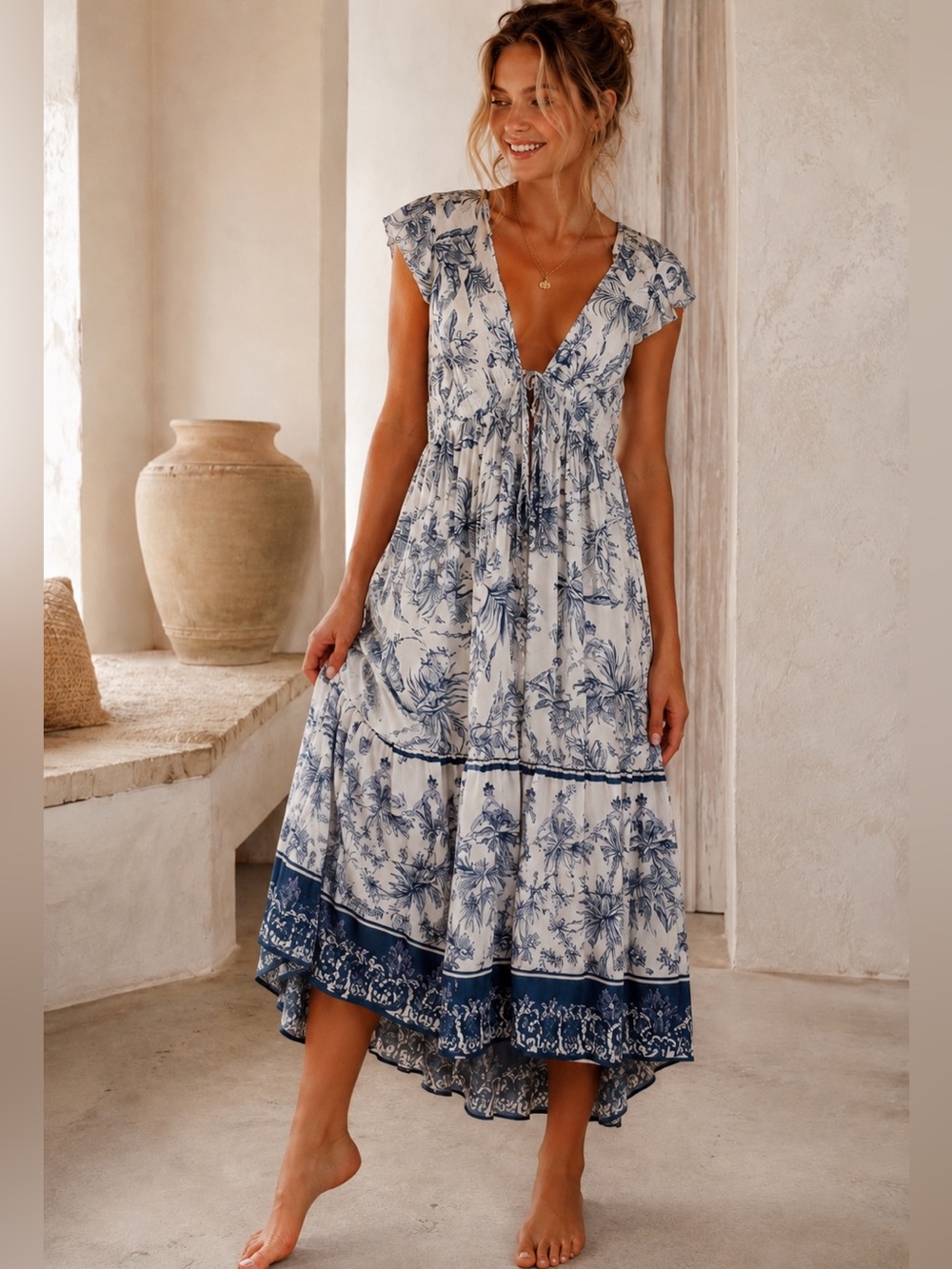 Princess Polly Iris Maxi Dress Blue Tropical Print Tie Front Midi Dress US 4